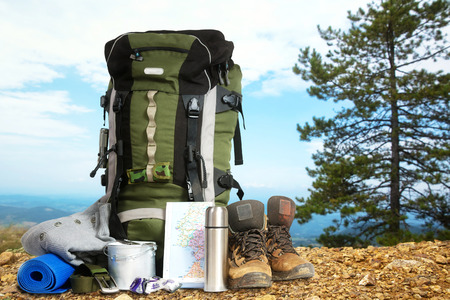 Hiking gear on top of mountain